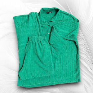 Salant Green Textured Two Piece Set EU 36 US 4 Relaxed Fit Shirt & Wide Leg Pant